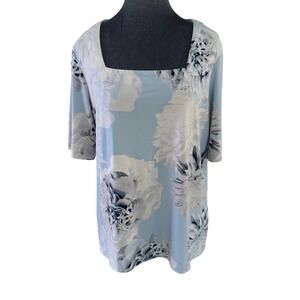 Calvin Klein Wms Garden Party Preppy Blue Floral Square Neck Elbow Sleeve Top L